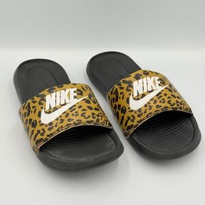 Nike Victori One Leopard Print Slides Womens Size 6 Black Gold CN9676-700